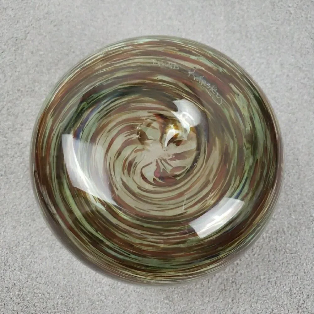David Kolasky Signed Studio Blown Art Glass Vase Brown & Multi Swirls Bowl